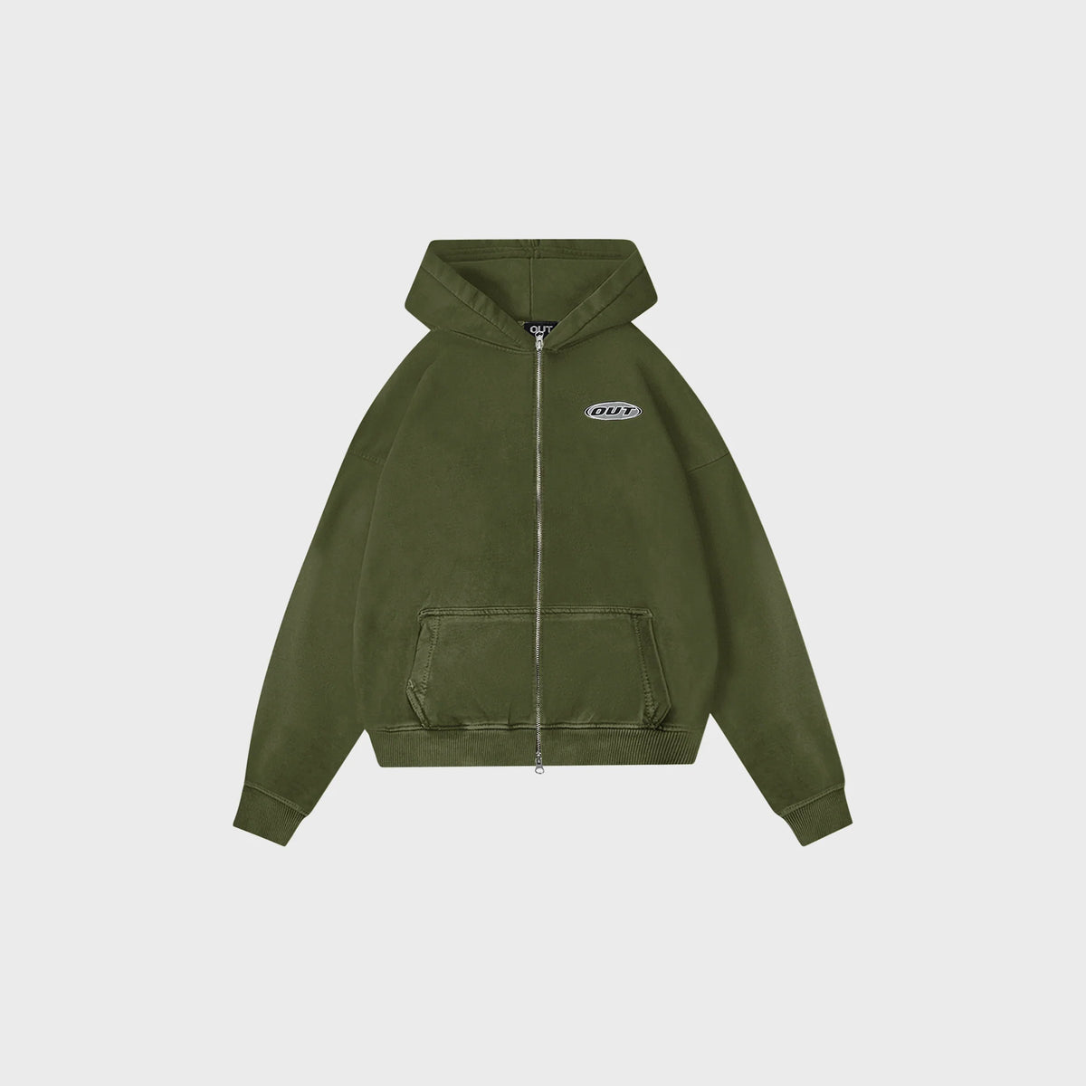 OUT Classic Logo Drop Shoulder Zip Up Hoodie Vintage Olive