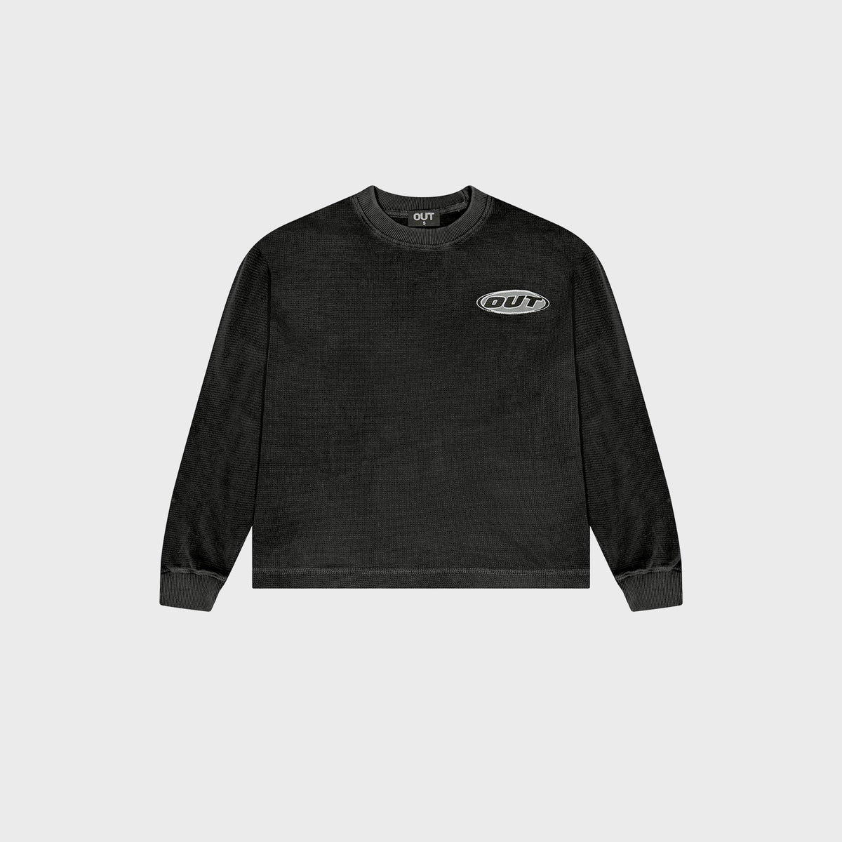 OUT Classic Logo Drop Shoulder Waffle Long Sleeve Salt Wash Black