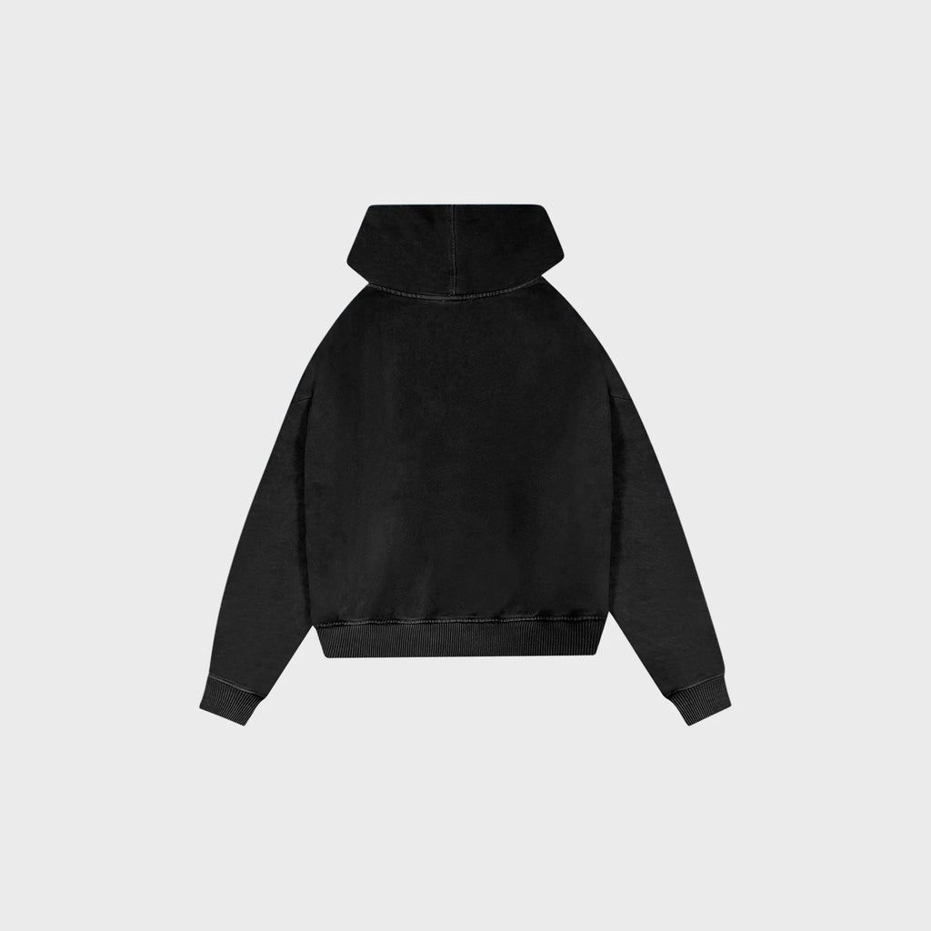 OUT Classic Logo Drop Shoulder Zip Up Hoodie Salt Wash Black