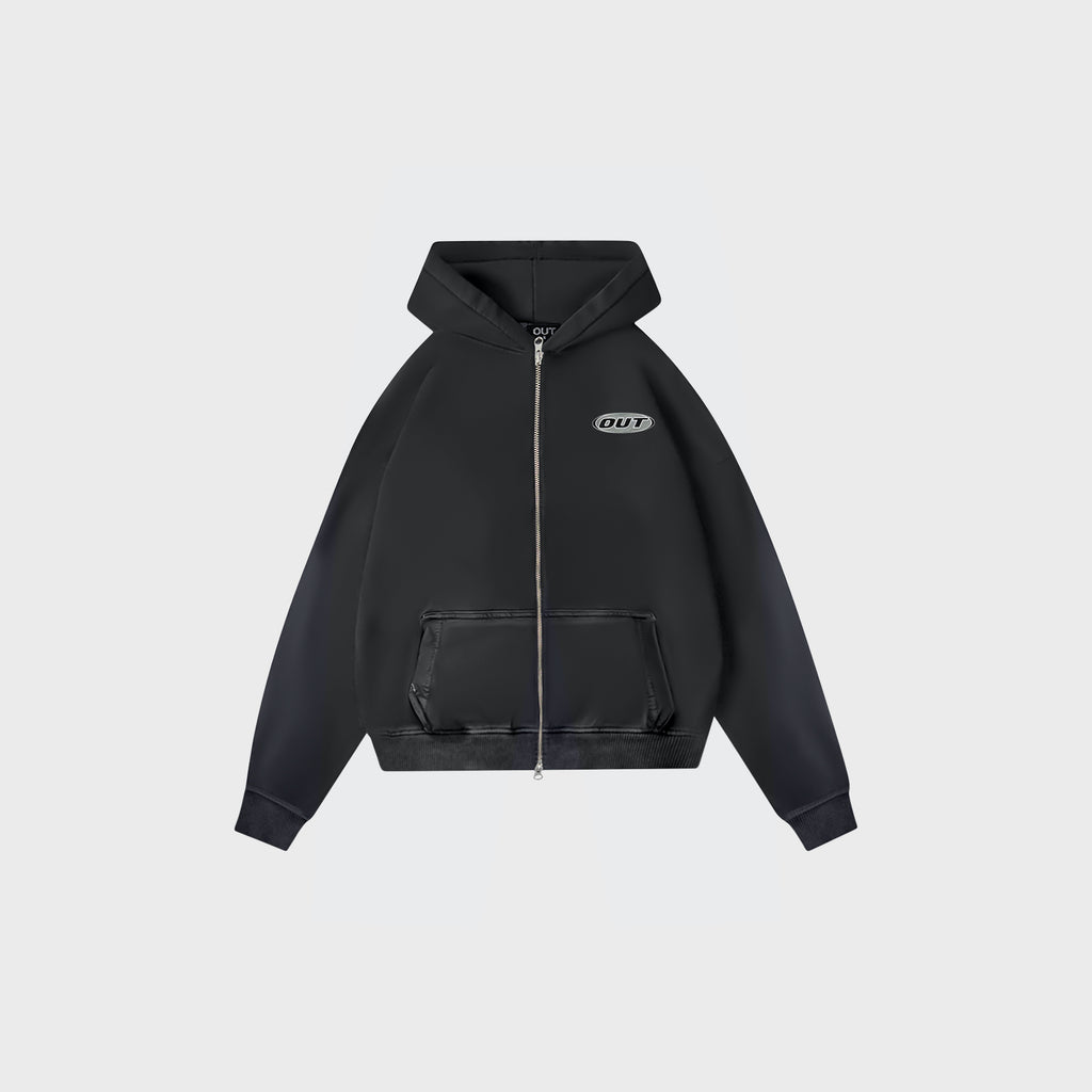 OUT Classic Logo Drop Shoulder Zip Up Hoodie Black
