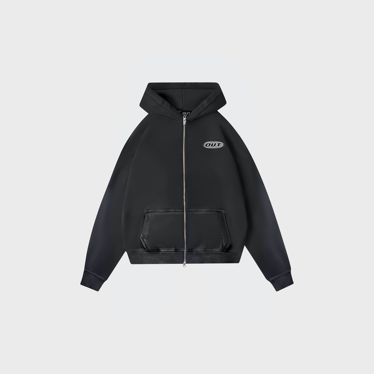 OUT Classic Logo Drop Shoulder Zip Up Hoodie Black