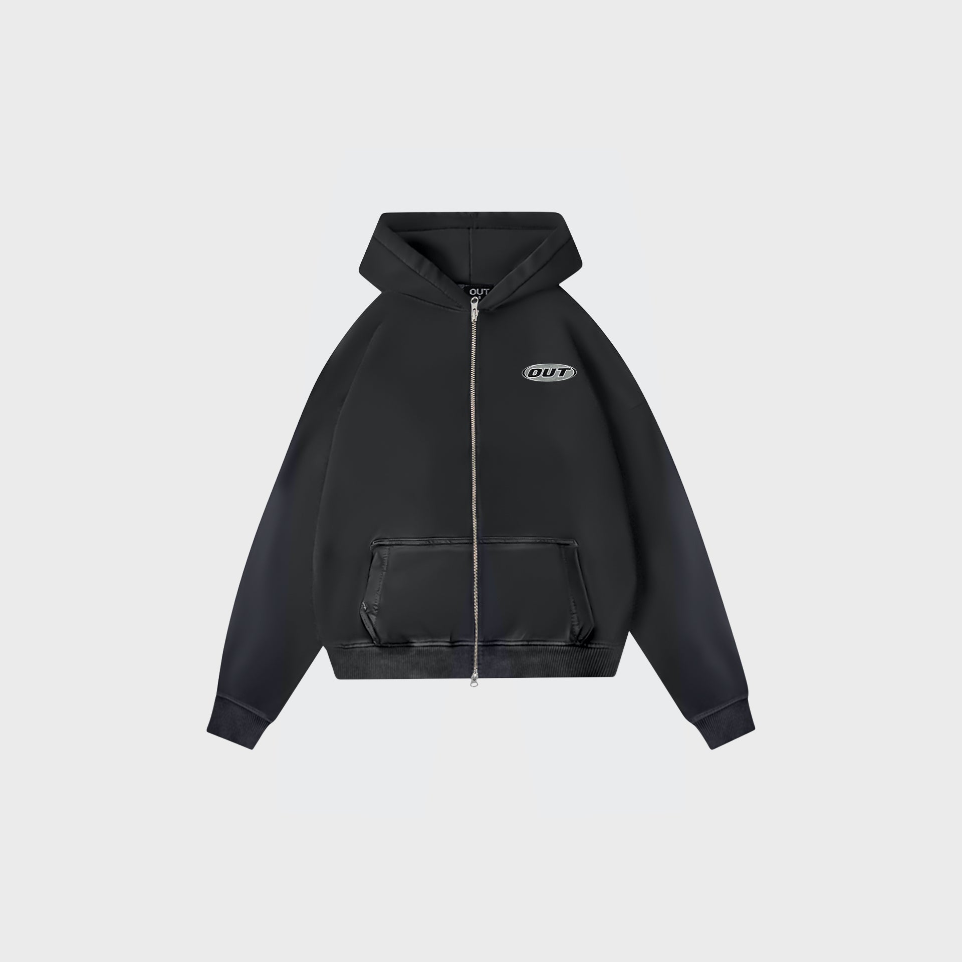 OUT Classic Logo Drop Shoulder Zip Up Hoodie Black