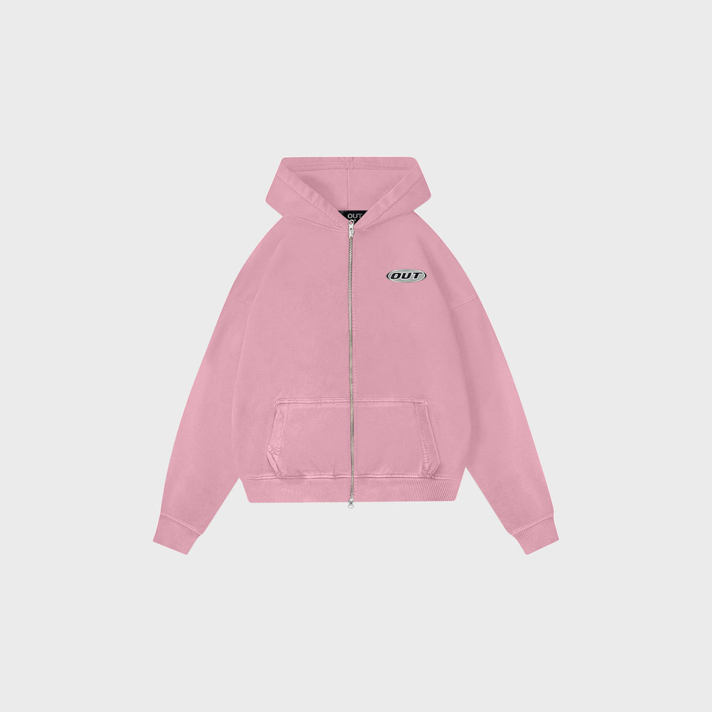 OUT Classic Logo Drop Shoulder Zip Up Hoodie Dusty Pink