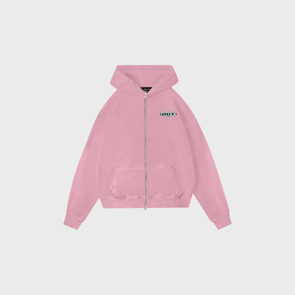 OUT Classic Logo Drop Shoulder Zip Up Hoodie Dusty Pink