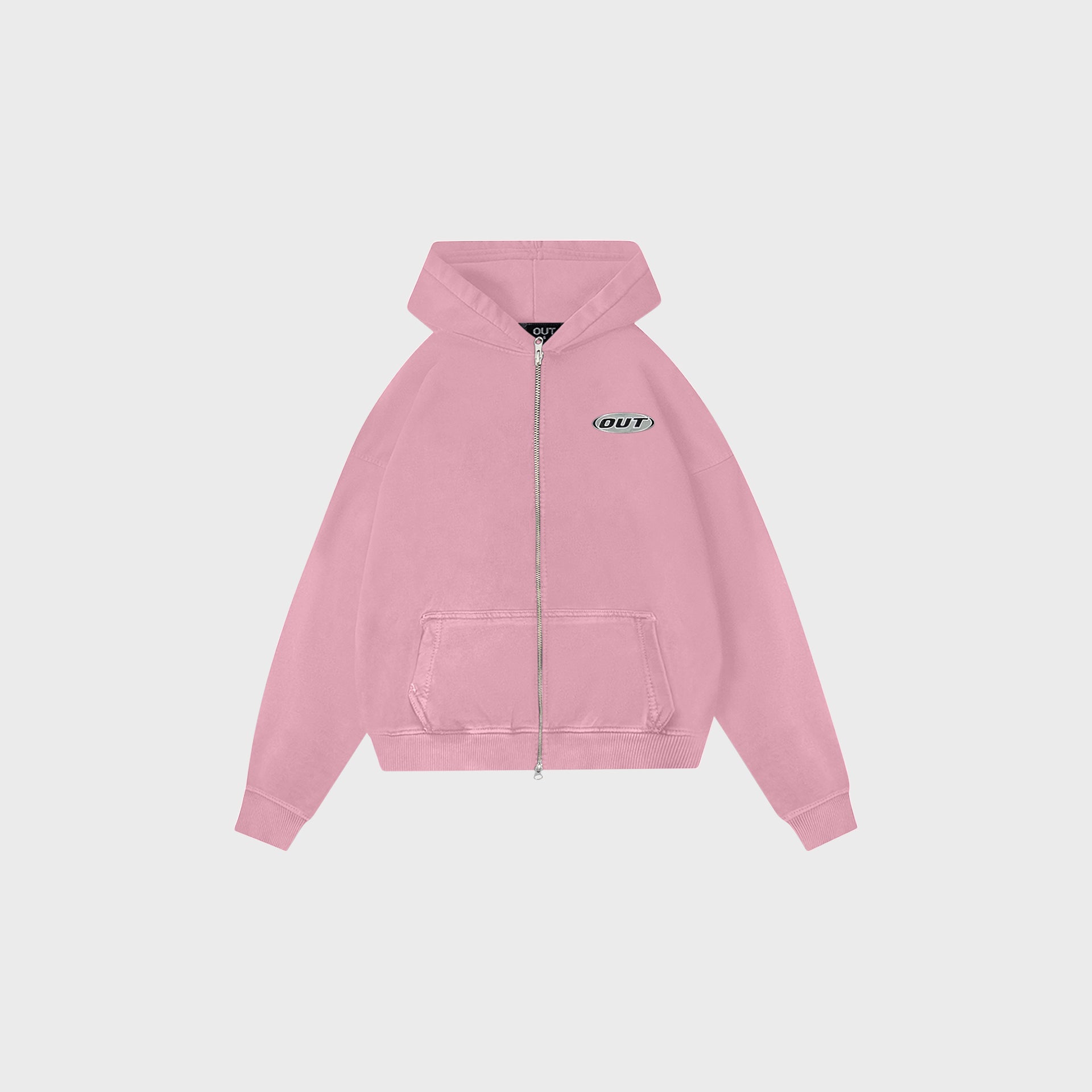 OUT Classic Logo Drop Shoulder Zip Up Hoodie Dusty Pink