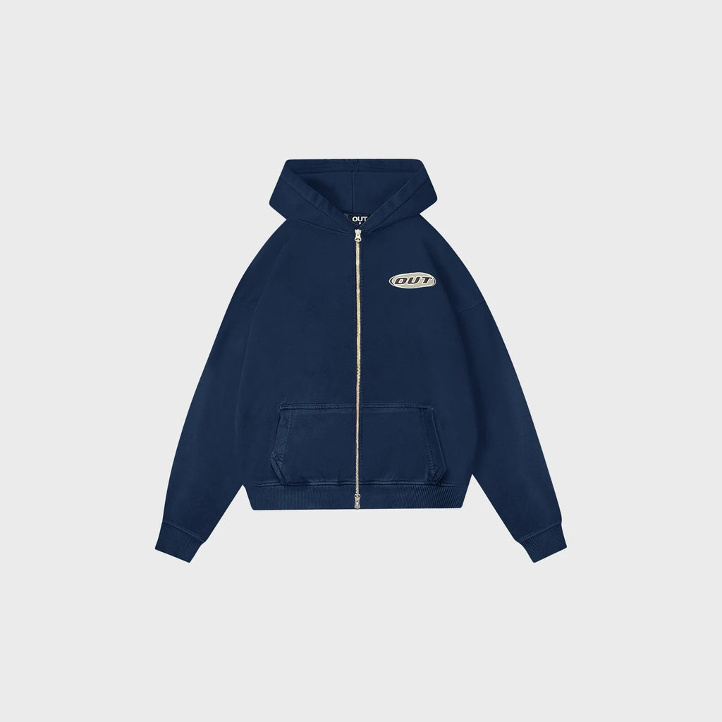 OUT Classic Logo Drop Shoulder Zip Up Hoodie Vintage Navy