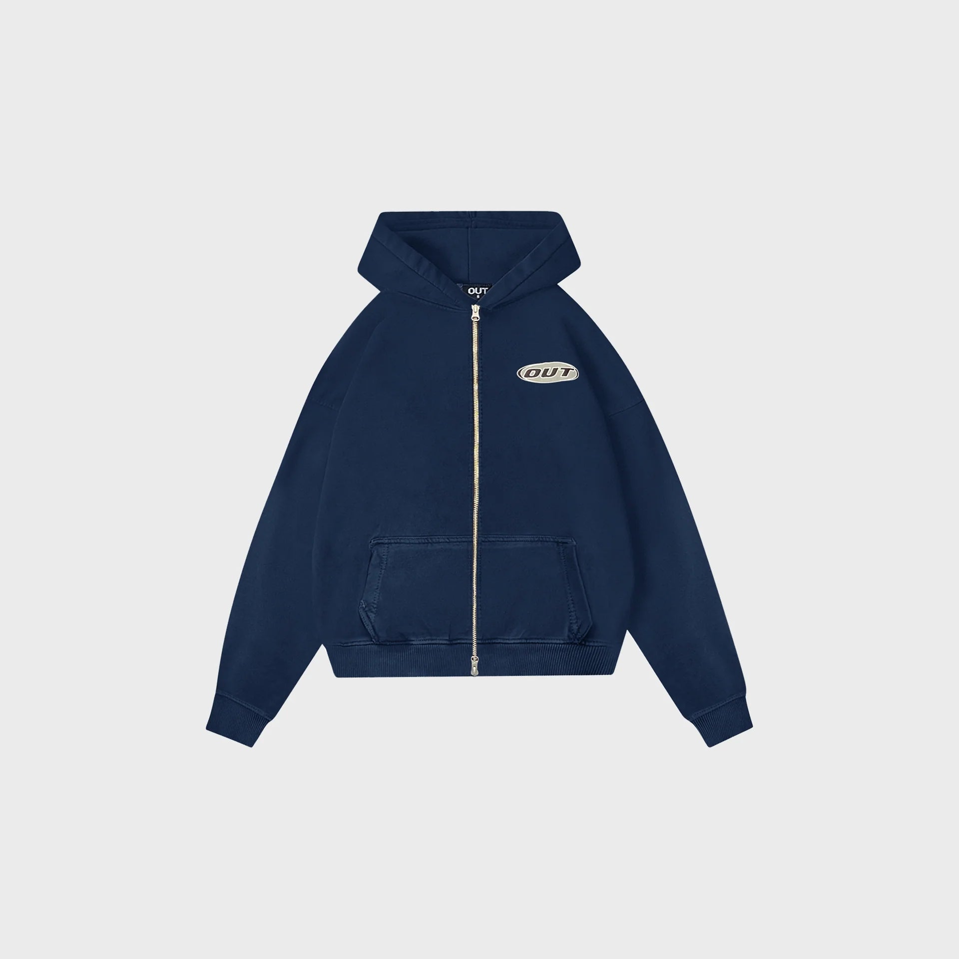 OUT Classic Logo Drop Shoulder Zip Up Hoodie Vintage Navy