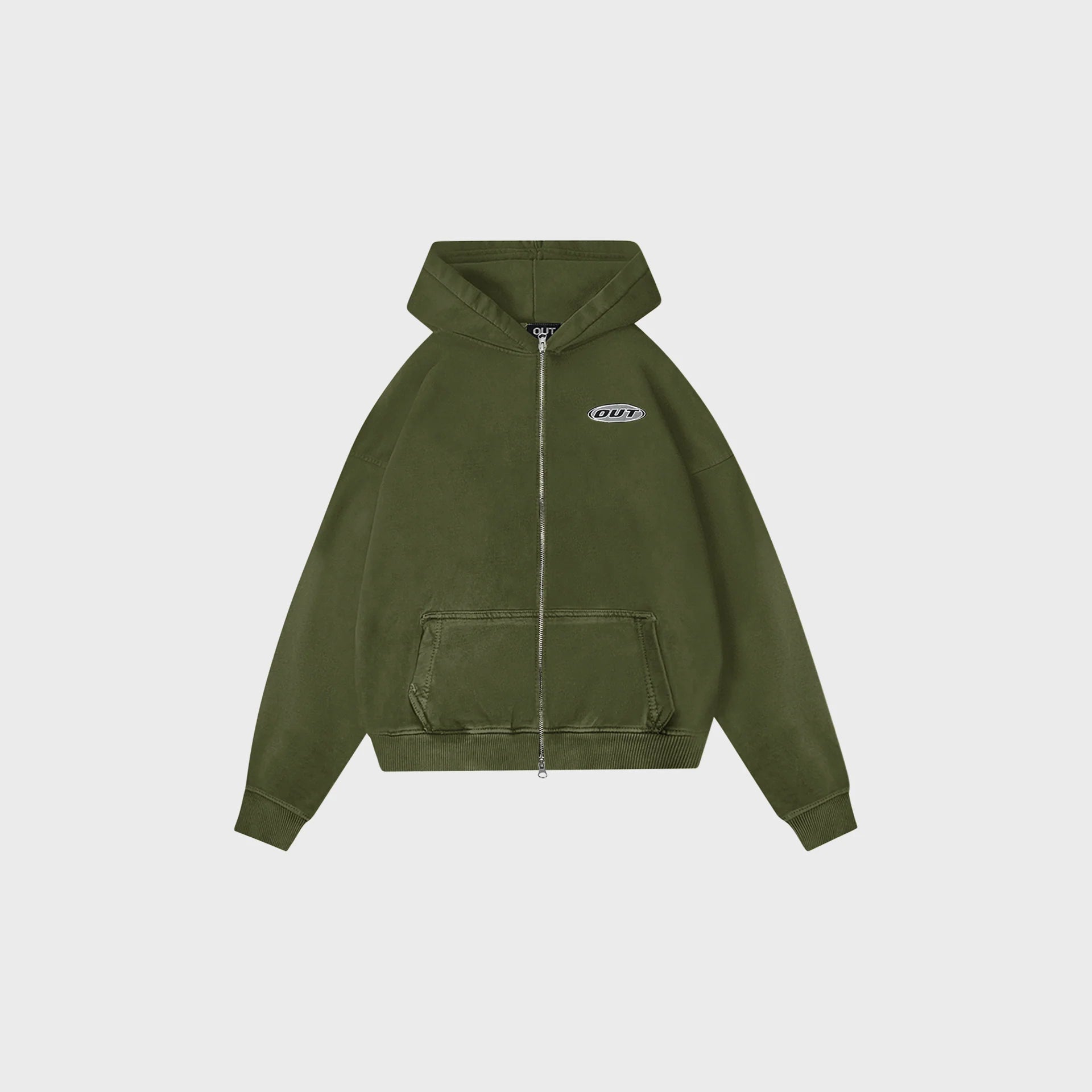 OUT Classic Logo Drop Shoulder Zip Up Hoodie Vintage Olive