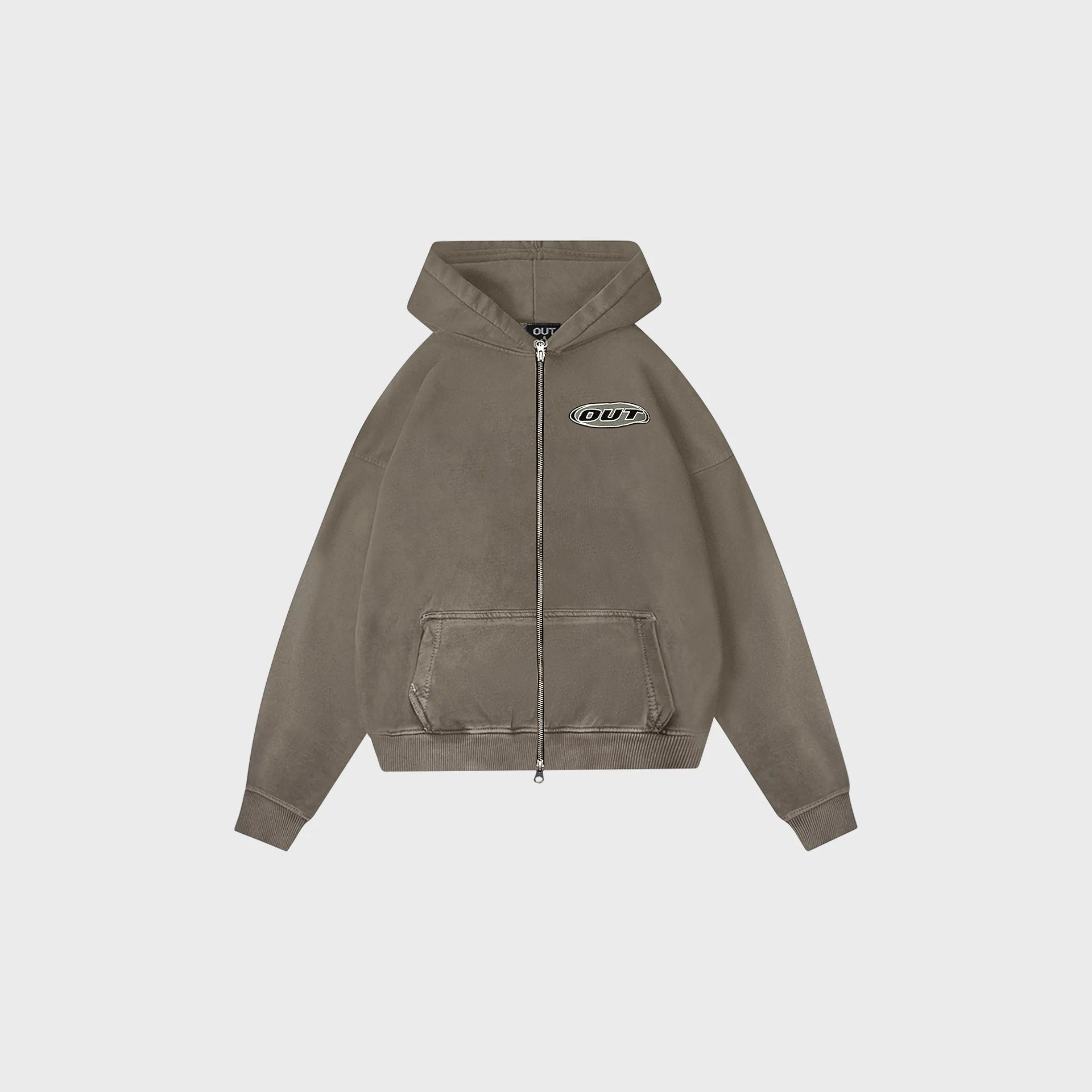 OUT Classic Logo Drop Shoulder Zip Up Hoodie Vintage Taupe