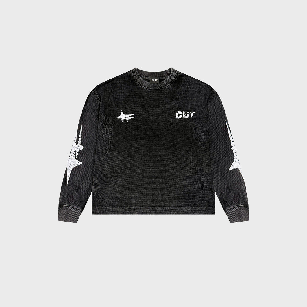 OUT Shooting Star Drop Shoulder Waffle Long Sleeve Black Salt Wash
