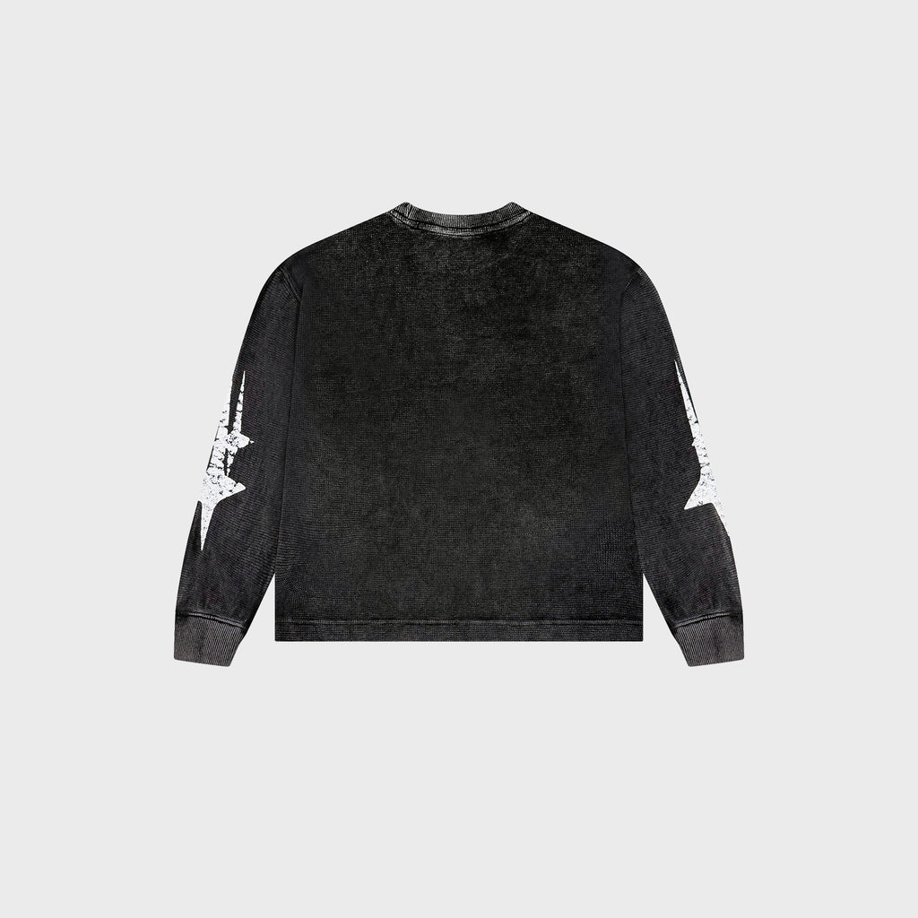 OUT Shooting Star Drop Shoulder Waffle Long Sleeve Black Salt Wash