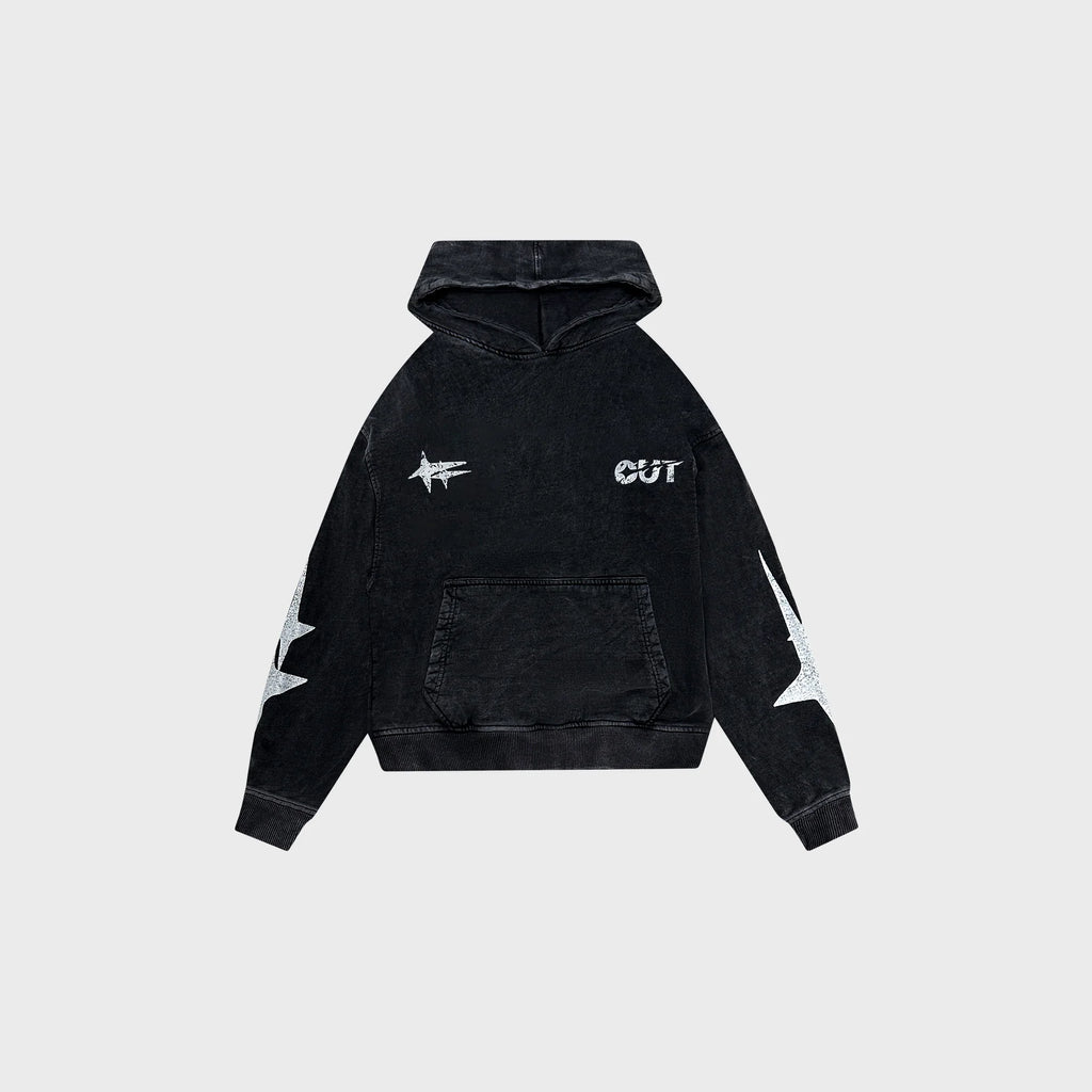 OUT Shooting Star Drop Shoulder Hoodie Black Salt Wash