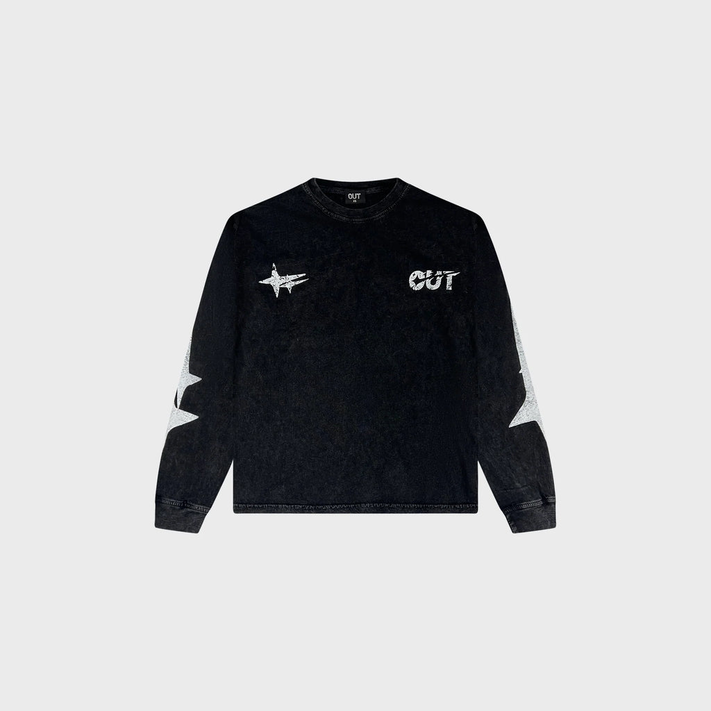OUT Shooting Star Long Sleeve T-Shirt Black Acid Wash