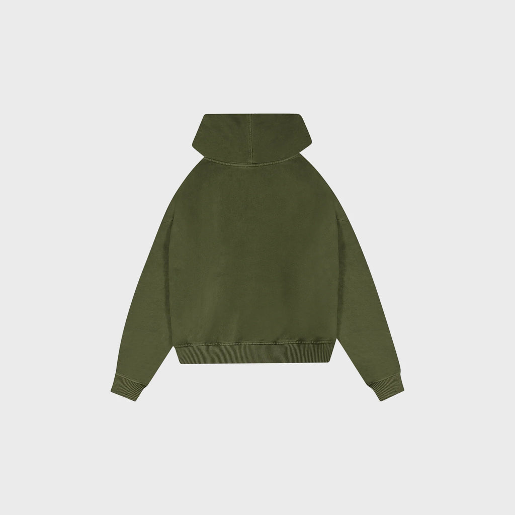 OUT Classic Logo Drop Shoulder Zip Up Hoodie Vintage Olive