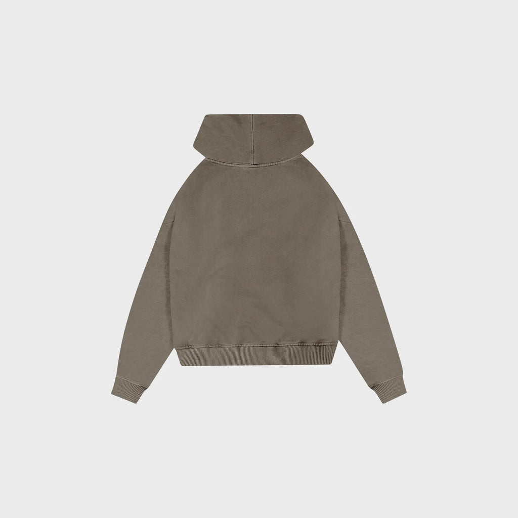 OUT Classic Logo Drop Shoulder Zip Up Hoodie Vintage Taupe
